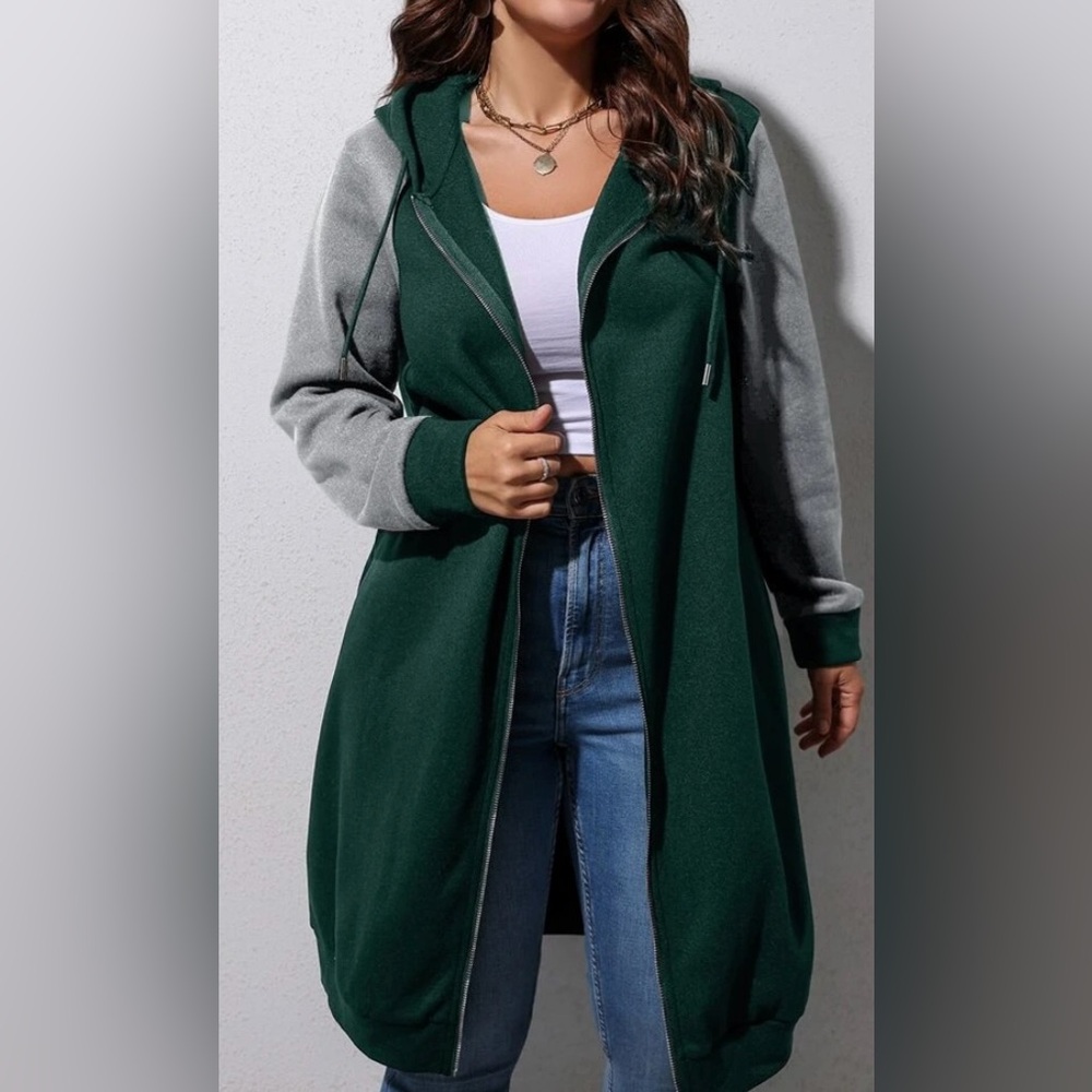 Plus Colorblock Raglan Sleeve Drawstring Zipper Hoodie